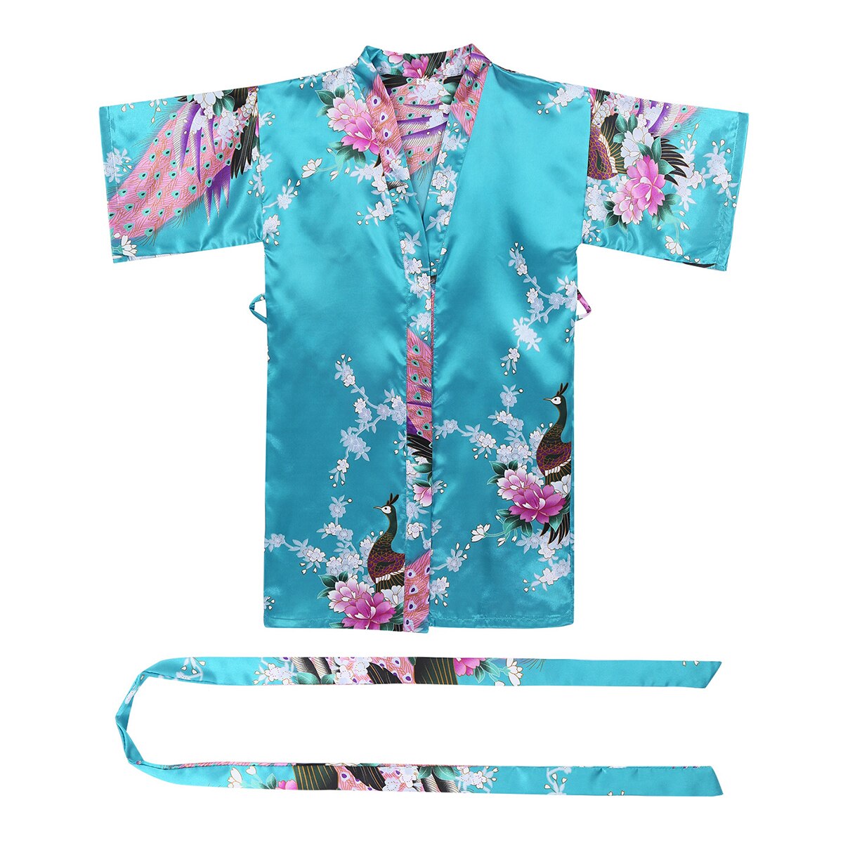Barn flickor påfågel blomma tryckt satin kimono dräkt kors omlott v-ringad dräkter morgonrock nattlinne sovkläder för spa fest födelsedag