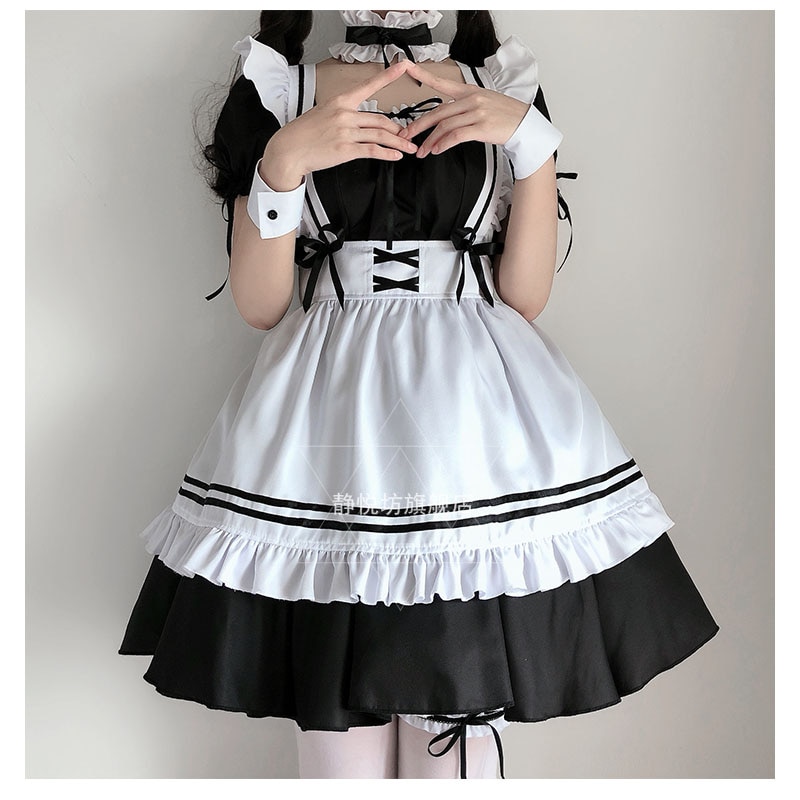 Lolita mekko japanilainen mustavalkoinen piika -asu naisten päivittäinen loli maid esiliina makea ja söpö coslpay