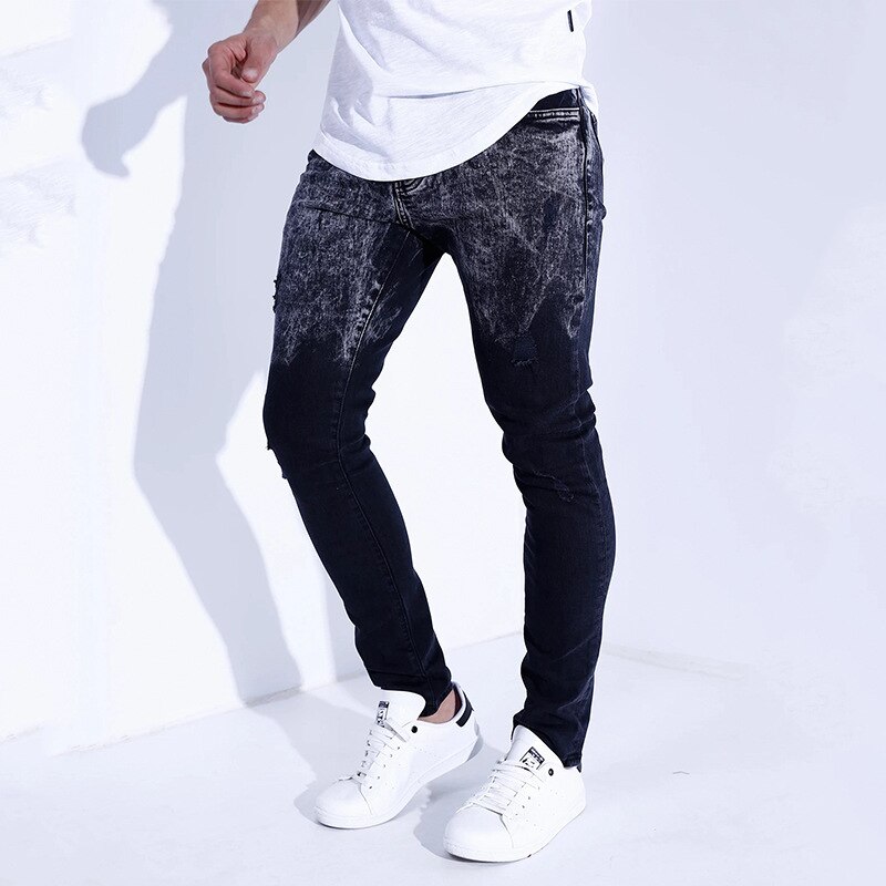 Nuevos y elegantes pantalones vaqueros entallados con estampado rasgado, sencillos y casuales, pantalones azules y negros para hombre