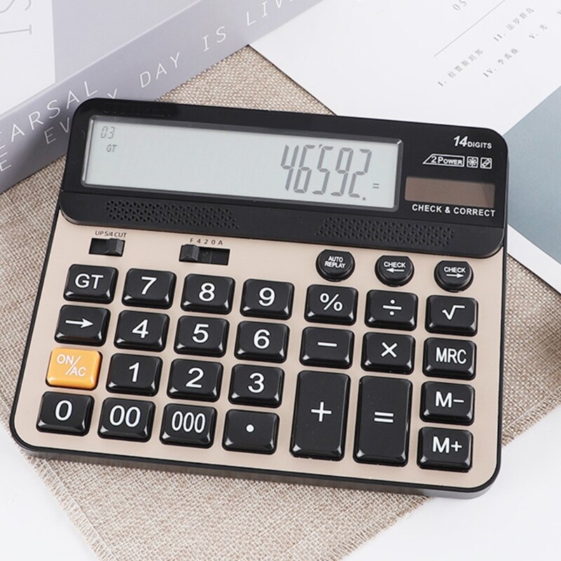 Desktop Calculator 14 Digit with Large LCD Display and Sensitive Button Solar and Battery Dual Power Standard Function
