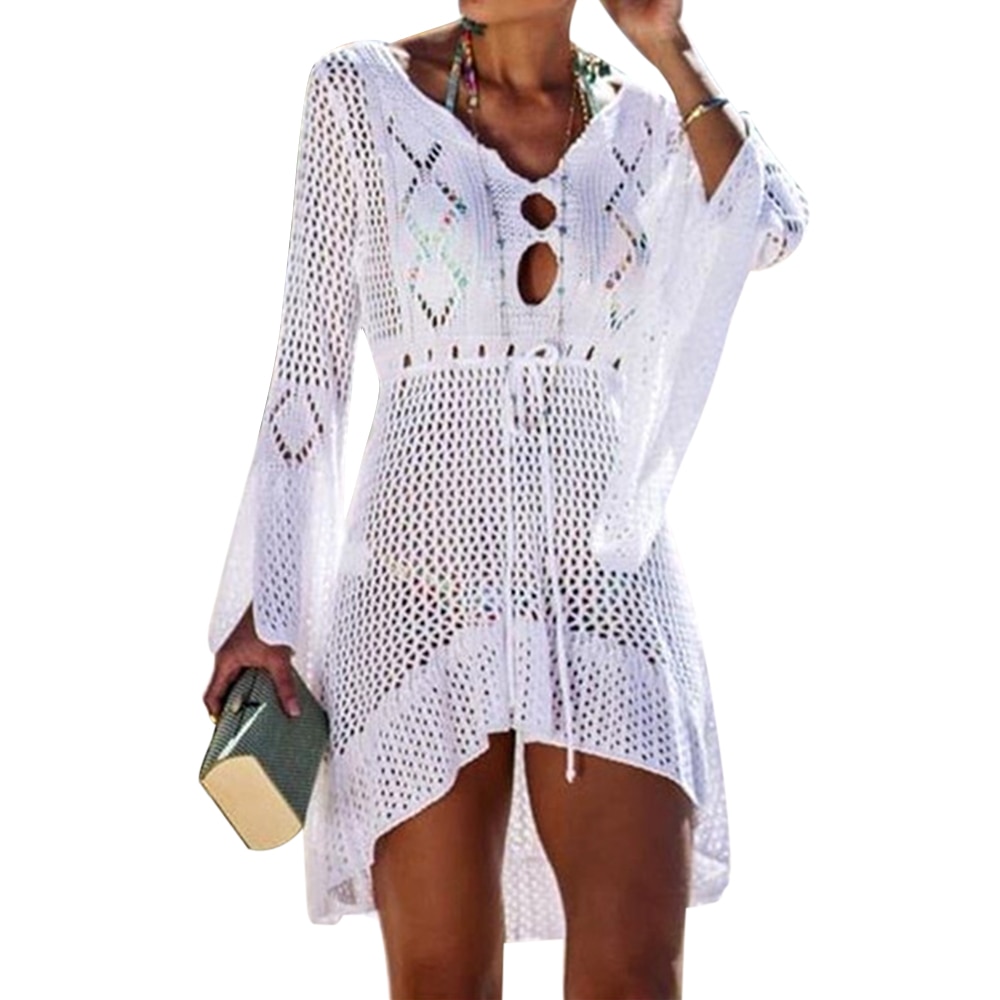 Sfit mujeres Crochet punto cubrir túnica de playa vestido largo Pareos Bikini cubrir traje de baño bata de playa Plage