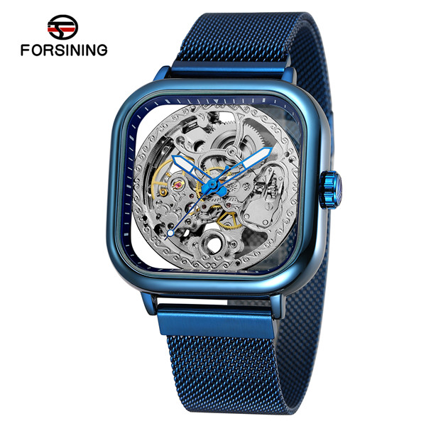 Forsining Mannen Automatische Horloge Vierkante Slanke Roestvrijstalen Gaas Band Mechanische Skeleton Horloge Klok: Type 3