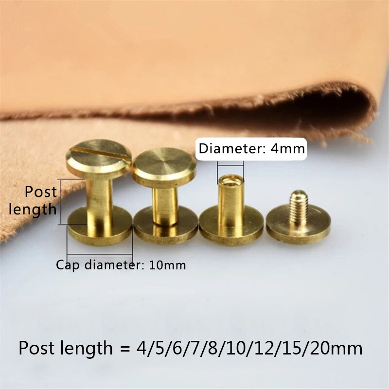 Tornillos de encuadernación de latón macizo, remaches de clavos para álbum de fotos, tachuelas artesanales de cuero, sujetadores de billetera de cinturón, tapa de 10mm, 10 Uds.