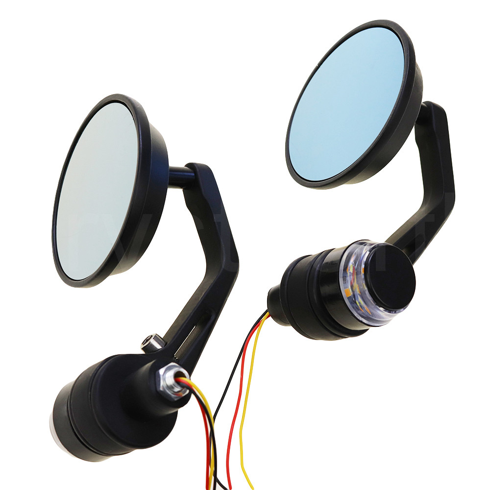 7/8&quot; Round Motorcycle Rear View Mirrors Motorbike Handle Bar End Rear View Mirrors With LED Turn Signals Black Cafe Racer Mirror