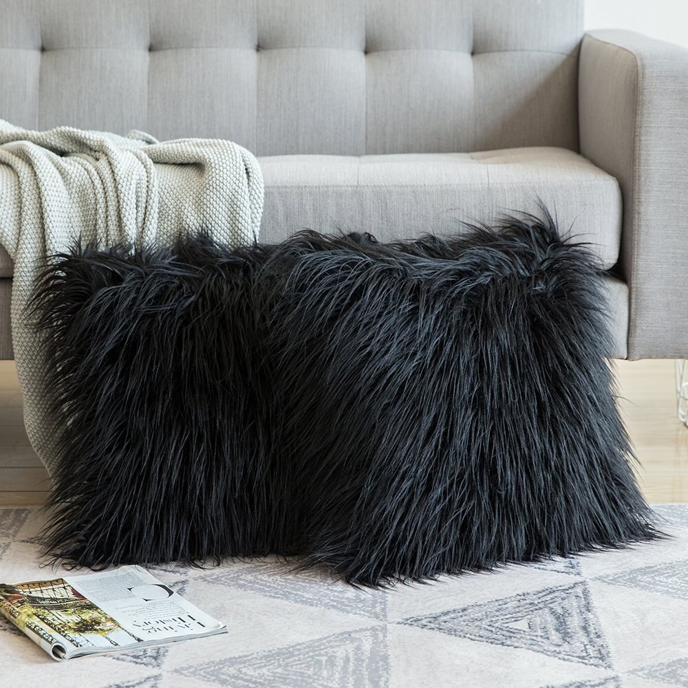 Artificial Wool Fur Sheepskin Cushion Cover Hairy Faux Plain Fluffy Soft Throw Pillowcase Washable Square Solid Pillow Case 45cm: black