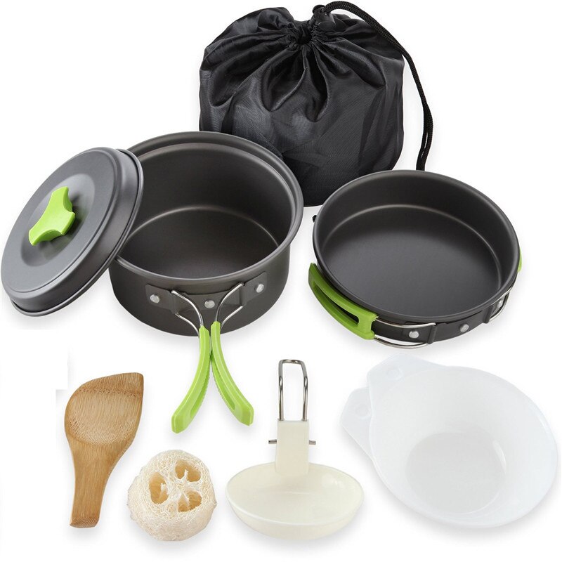 Camping køkkengrej sæt 2 personer campingudstyr bålredskaber non-stick madlavning let stabelbare grydeskåle opbevaringstaske: Grøn
