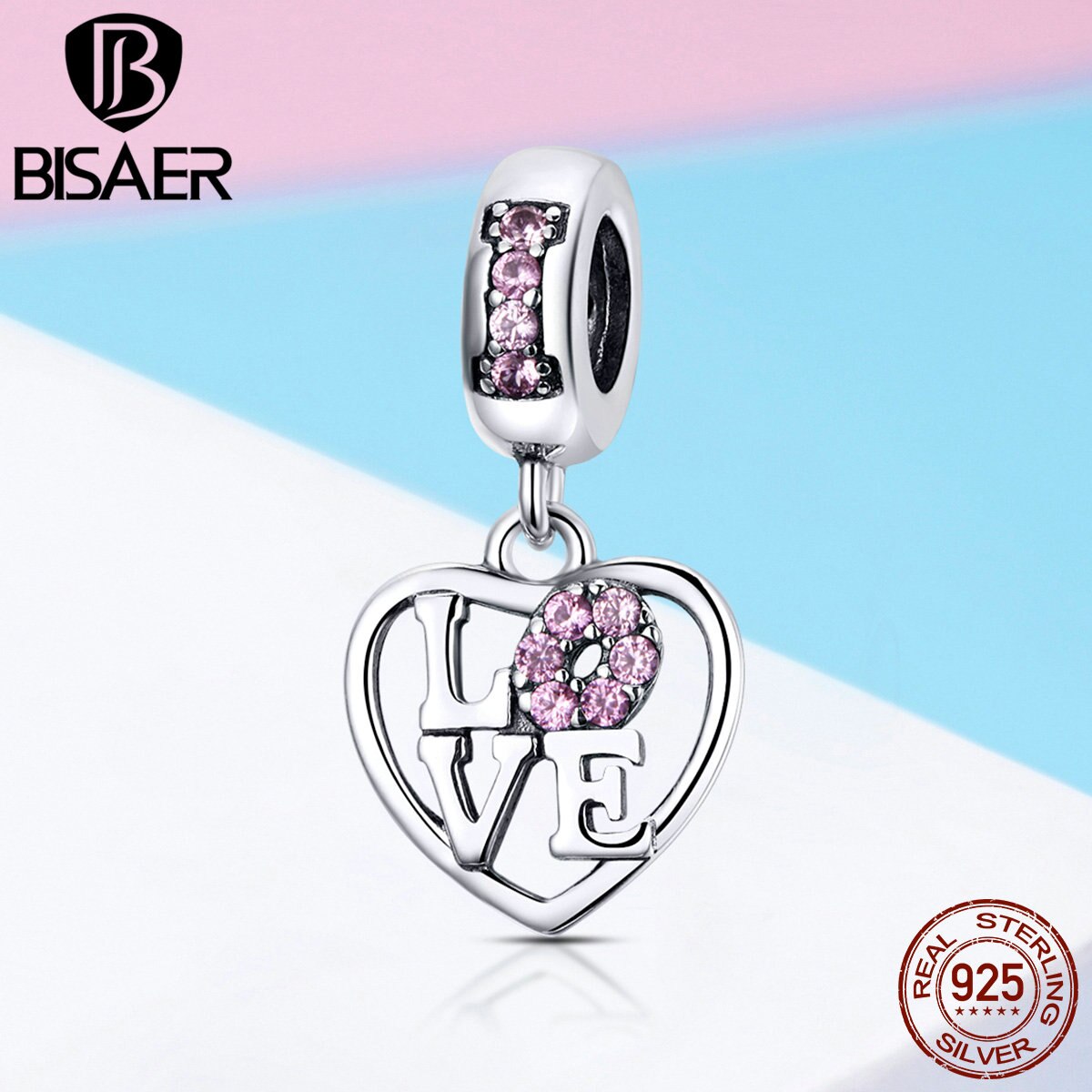 BISAER Valentines 925 Sterling Silver LOVE Heart Shape Pink Zircon Charms Beads fit Women Bracelets Jewelry Making ECC1044