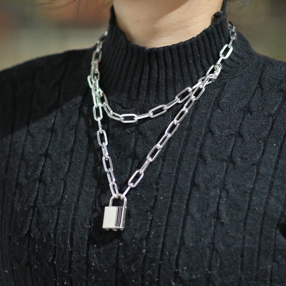 Doppel schicht Schloss Kette halskette Punk 80s 90s Verknüpfung kette vorhängeschloss anhänger halskette für frauen gotisch schmuck