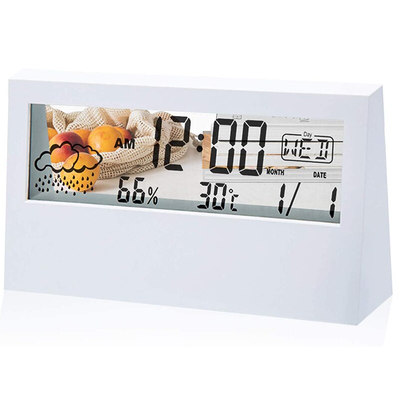 Alarm Clock with Transparent LCD Battery Operated Weather Alarm Clock Digital Clock Date Weather Temperature: White