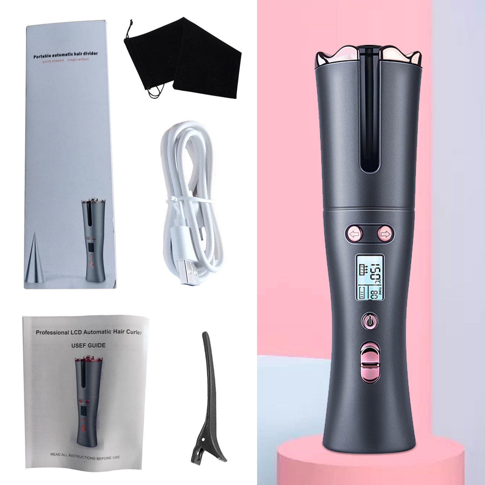 Automatic Hair Curle Portable Cordless USB Electric Hair Curling Wand Roller Iron with 3 Temperature Settings Timer LCD Display