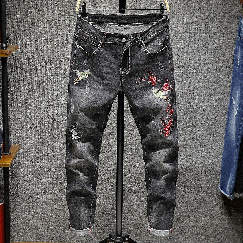 Homme fleur broderie déchiré jean mince stretch denim pantalon blanc bleu gris noir