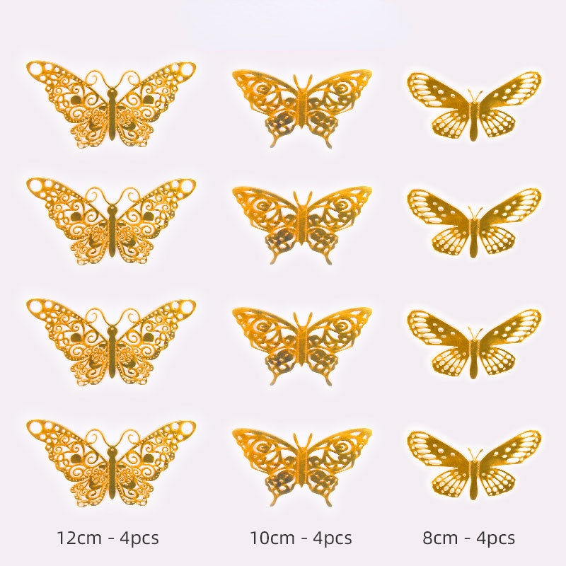 12 Stks/partij 3D Hollow Vlinder Muurstickers Goud Rose Goud Metallic Glans Stickers Diy Slaapkamer Woonkamer Feestelijke Decoratie: F / Rose gold