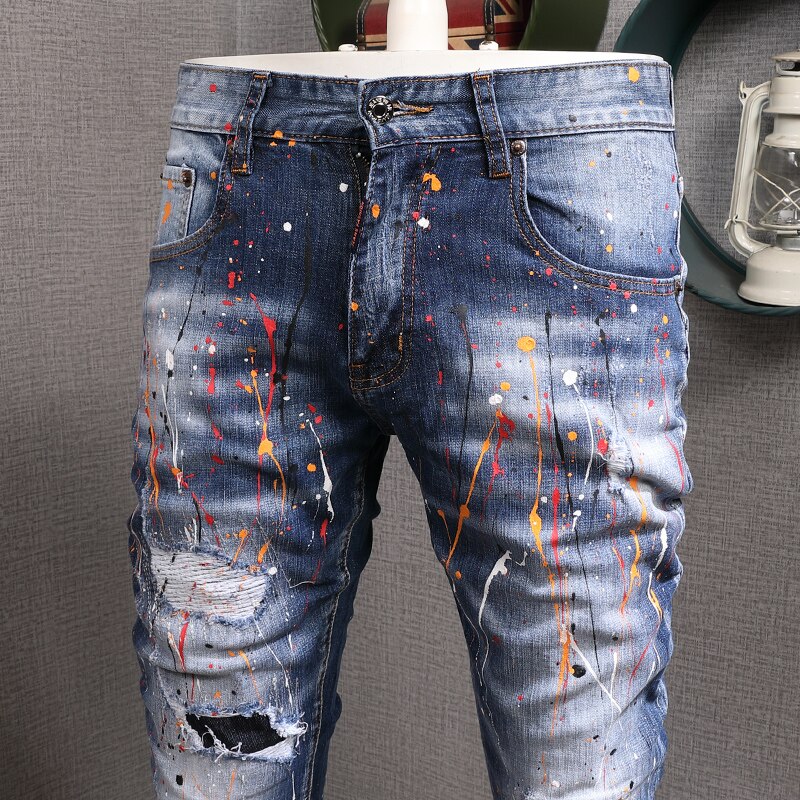 Mens Splash-ink Blue Ripped Jeans Men Slim Fit Pencil Pants Streetwear Cowboy Casual Denim Trousers