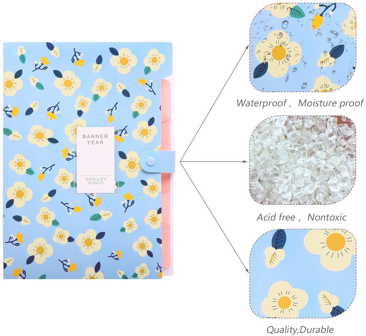 A4 File Folders with Labels, 5 Pockets Expanding File Folder with Snap Closure Accordion Document Organizer for School ,Office