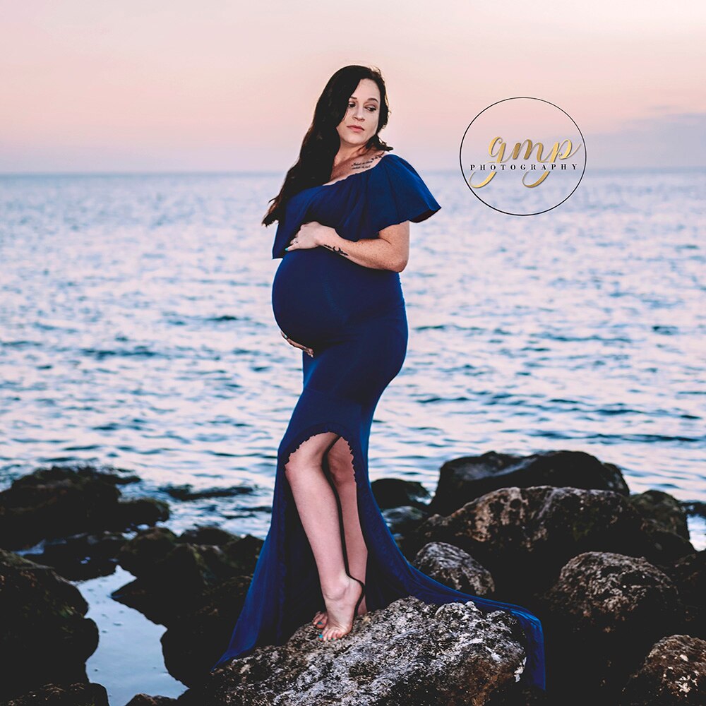 Don&amp;Judy Ruffle off shoulder Maternity Dress Photography Props Pregnancy Dress Photography For Photo Shoot Pregnant Maxi Gown