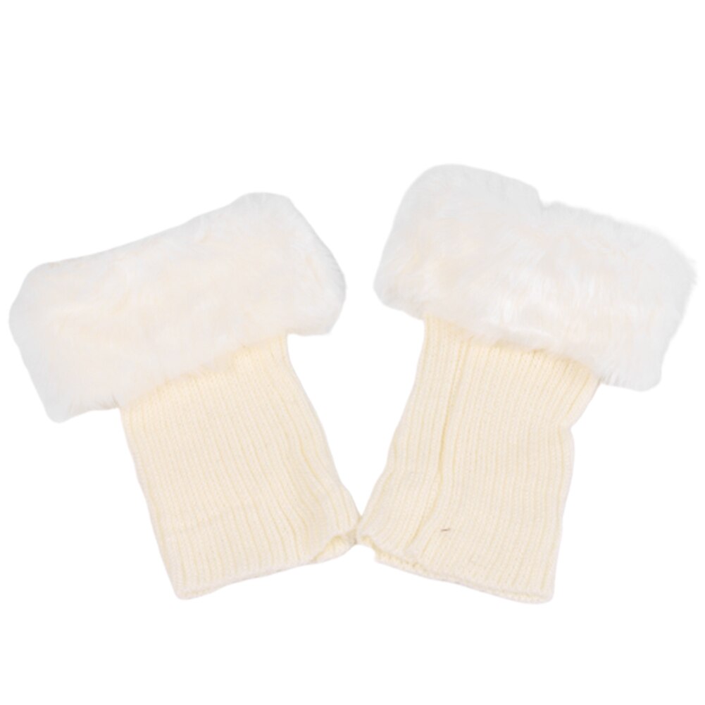 Winter Women Solid Color Faux Fur Cuff Crochet Knit Boots Sock Short Leg Warmers: White