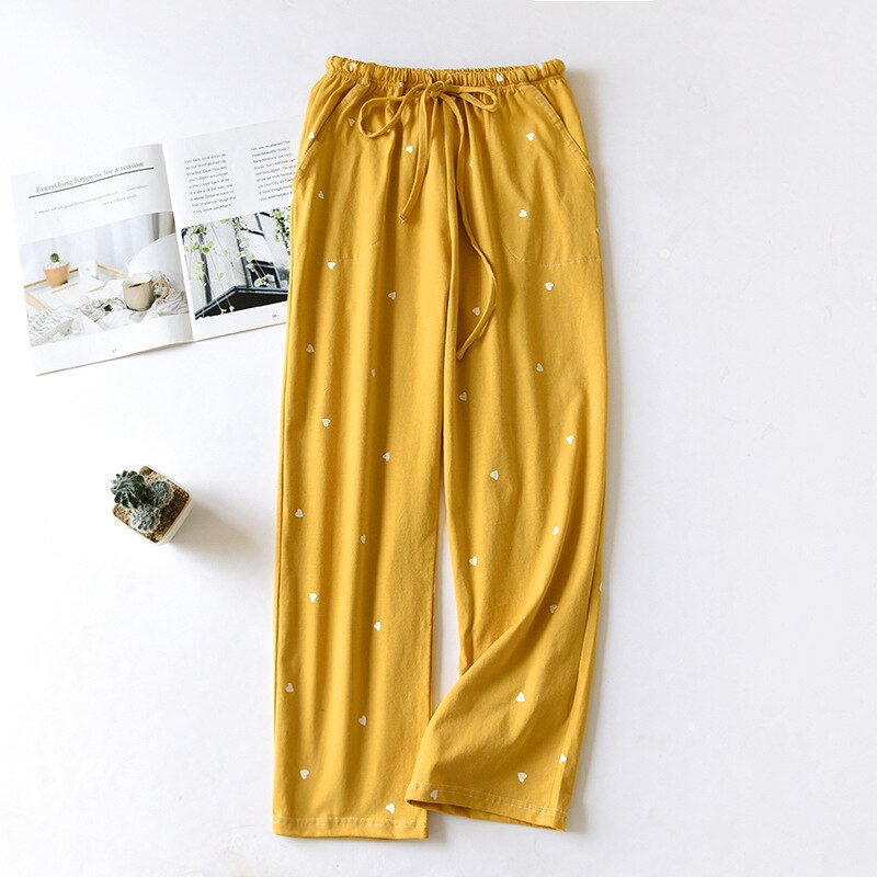 Pantalones de algodón de punto para mujer, pantalones de Casa bonitos de amor, de verano, finos, para dormir, para las cuatro estaciones: YELLOW / XL