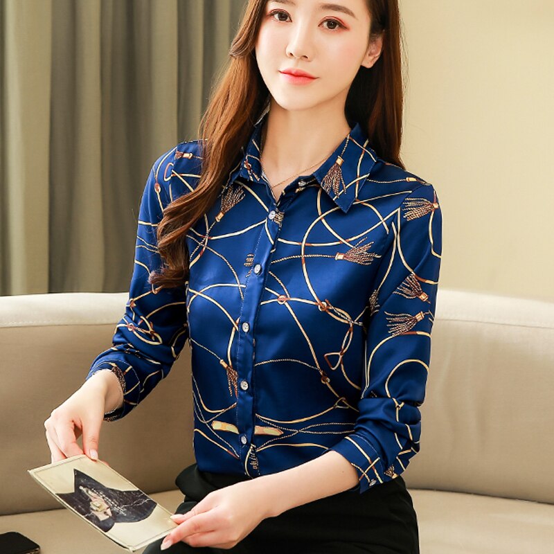 Silkeskjorte til kvinder koreanske 2022 #39 lange ærmer skjorter til kvinder casual print kvinder bluser og toppe blusas mujer 8185 50