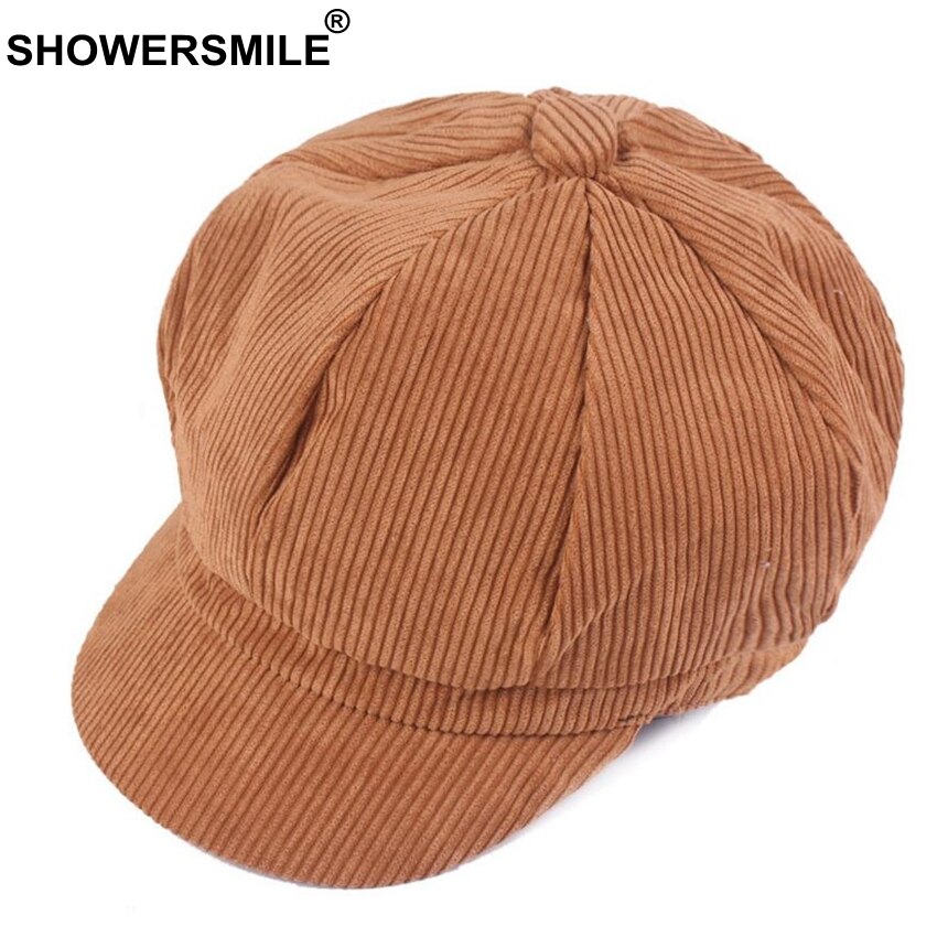 SHOWERSMILE Corduroy Newsboy Hat For Women Octagonal Cap Beret Men Vintage British Spring Autumn Khaki Painter Eight Panel Cap
