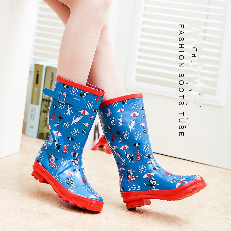 Swyivy regnstøvler kvinde gummisko efterår vinter kvindelig blomst vandtætte regnstøvler behagelige mellemhøje regnstøvler