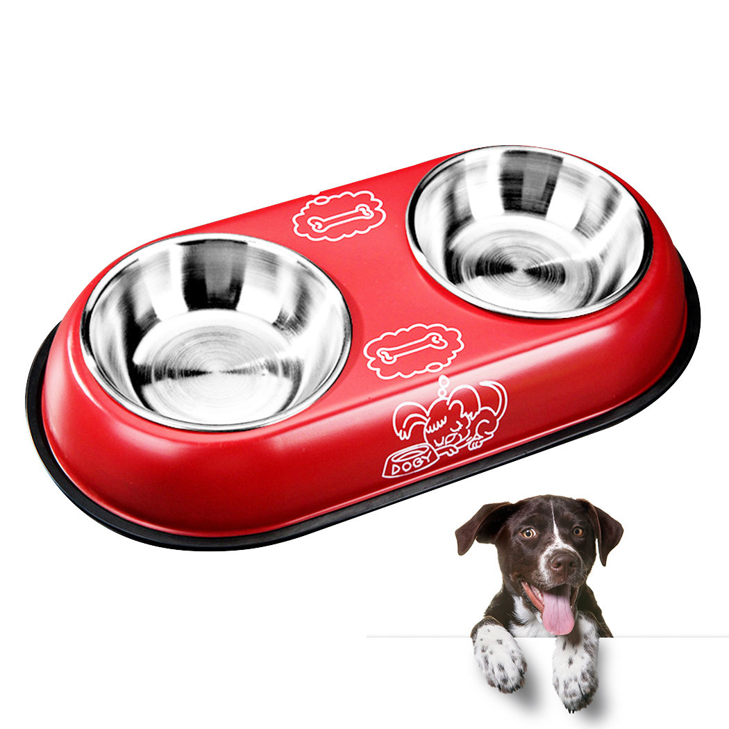 Double bol en acier inoxydable mangeoire pour animal domestique antidérapant, de sécurité, dessin animé animal de compagnie, Teddy chat chiens chats, bol de nourriture pour chiens: Red