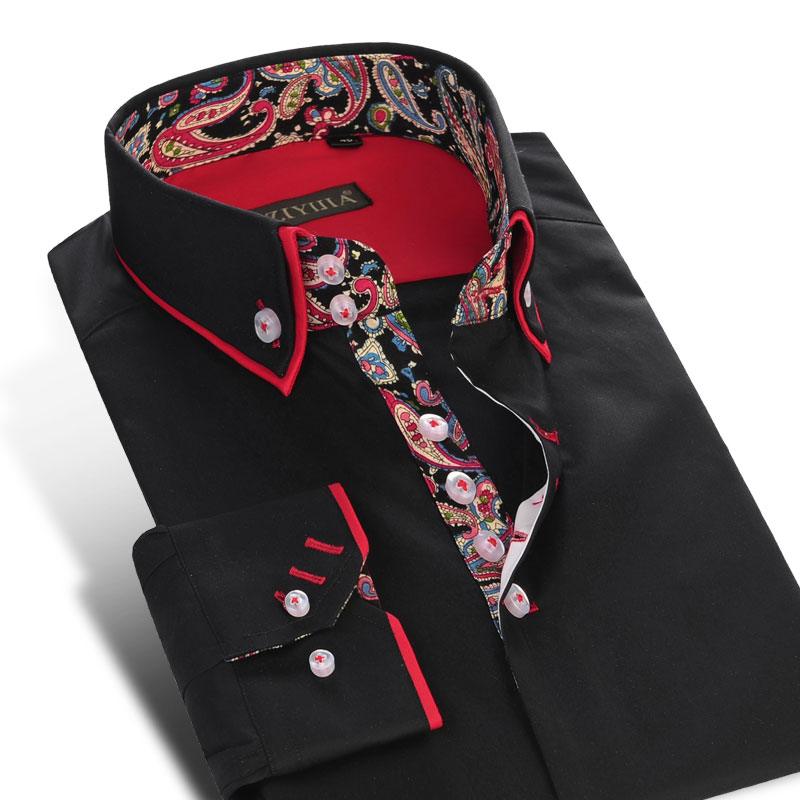 Chinese Style Printed Men&#39;s Double Layer Collar Shirts Pocket-less Long-Sleeve Standard-fit Button-Down Cotton Shirt