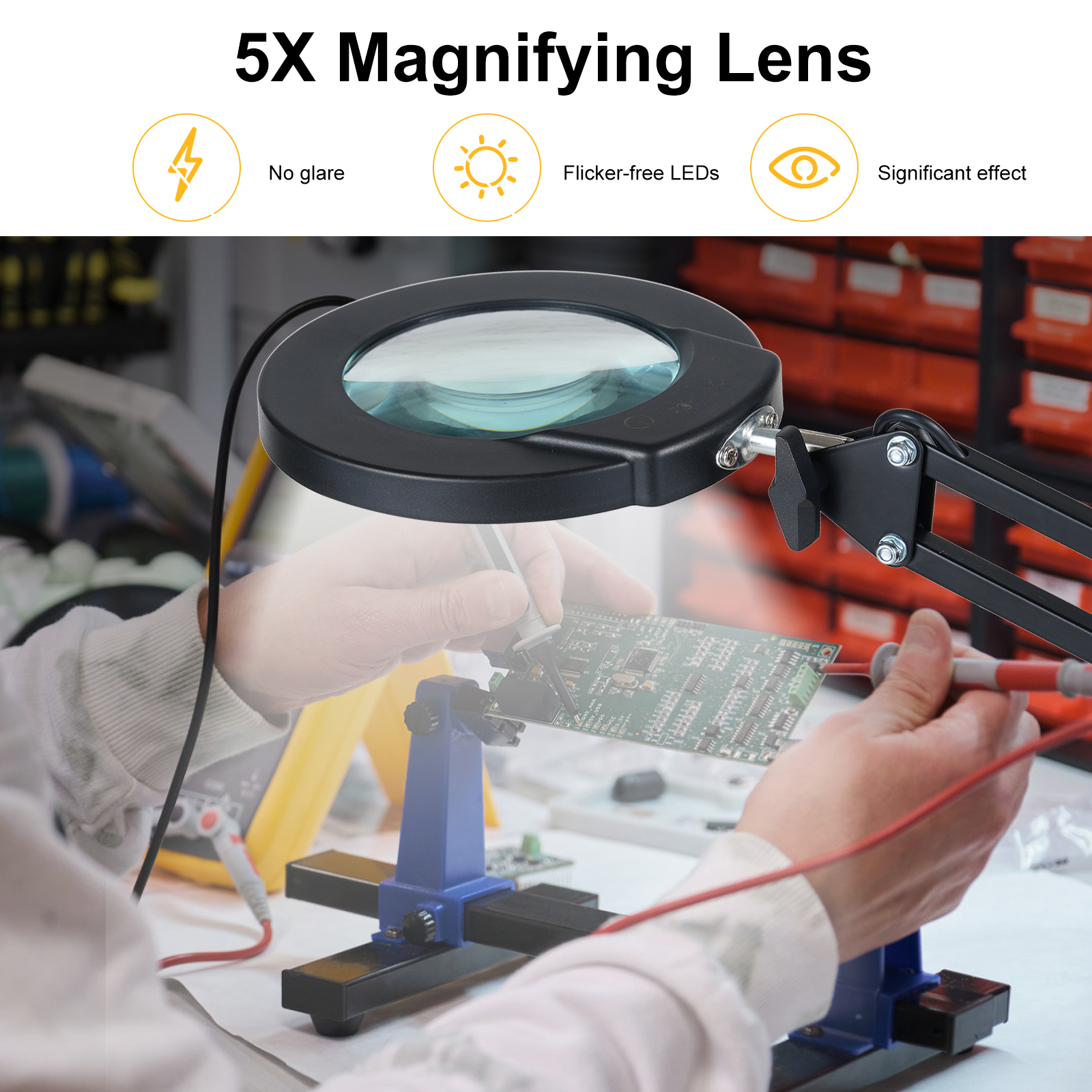Mini-arbeitsleuchte mit 5x vergrößerungsgläsern, schwenkarm, dimmbaren leds, 5 farbtemperaturen , 5 helligkeitsstufen, klemmleuchte