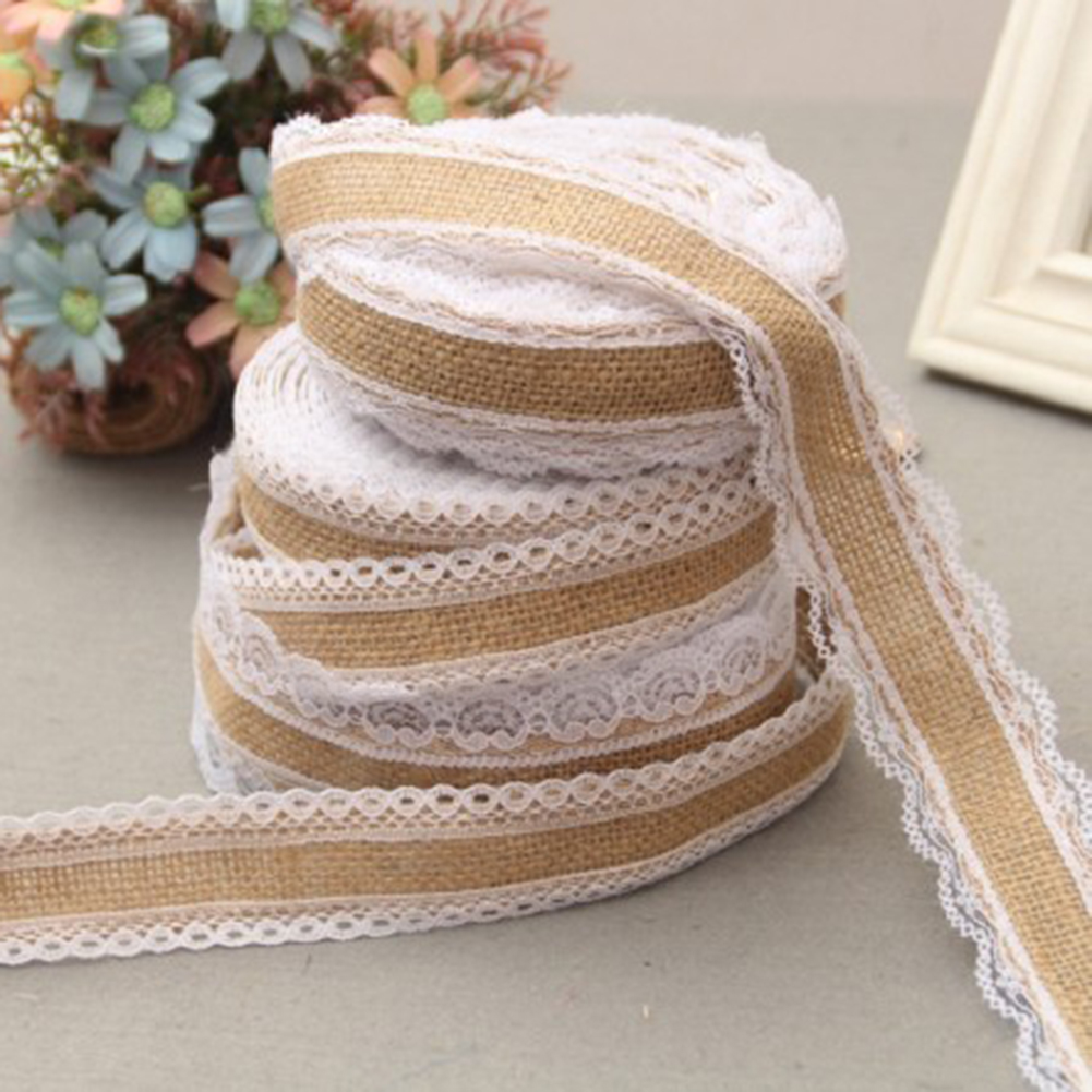 Ruban De Jute Avec Dentelle Blanche - Guirlande Naturelle Pour Mariage Et Décoration
