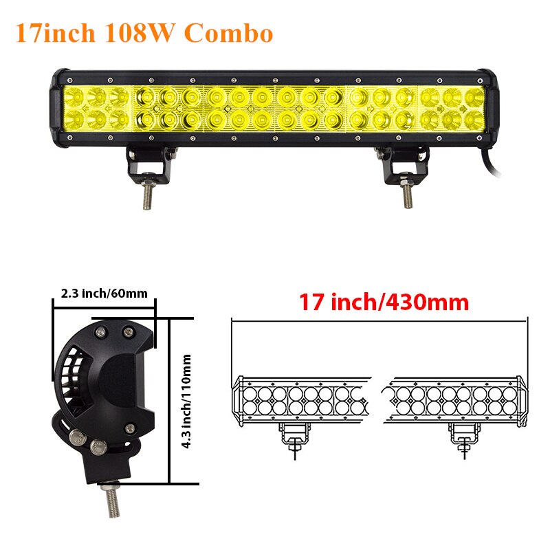 Skyworld amarelo conduziu a barra de luz 4 12 14 17 20 23 25 28 36 polegada trabalho lâmpada combo feixe condução offroad para o caminhão do carro suv atv 4x4 uaz: 17inch 108w