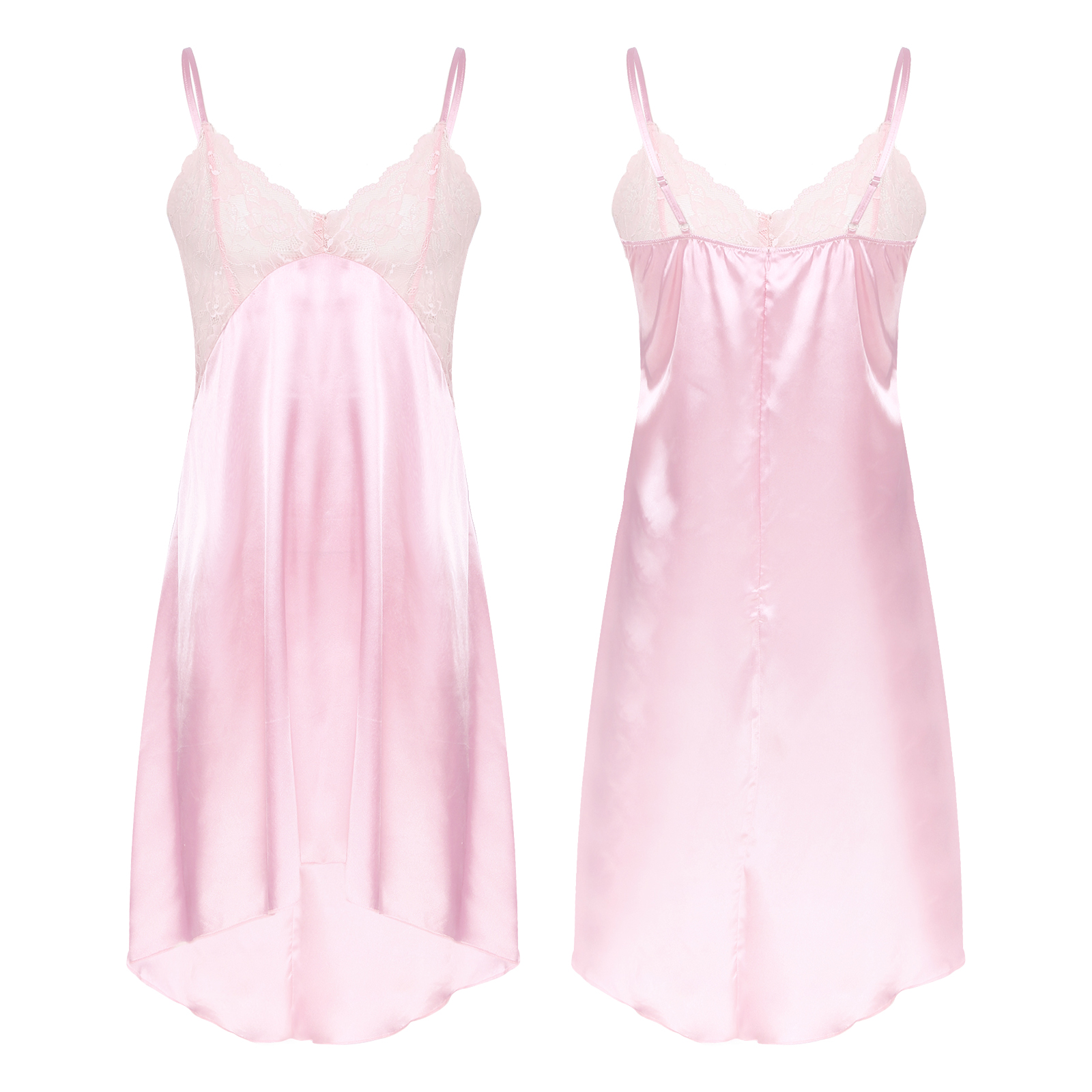 Herren Weichei Satin- Nachthemd überqueren-Dressing Nachtwäsche schier Spitze Kleid Patchwork Unregelmäßigen Saum Verstellbaren Trägern Kleid Nachtwäsche: XXL / Rosa