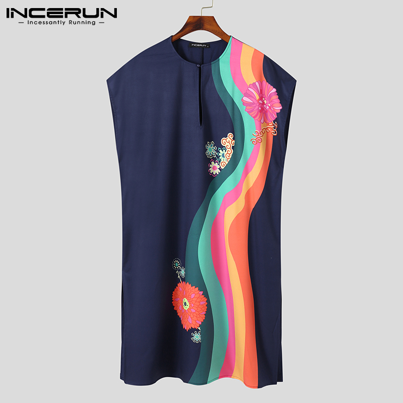 INCERUN-Vestidos largos de para hombre, ropa de dormir sin mangas, camisón largo estampado, S-5XL