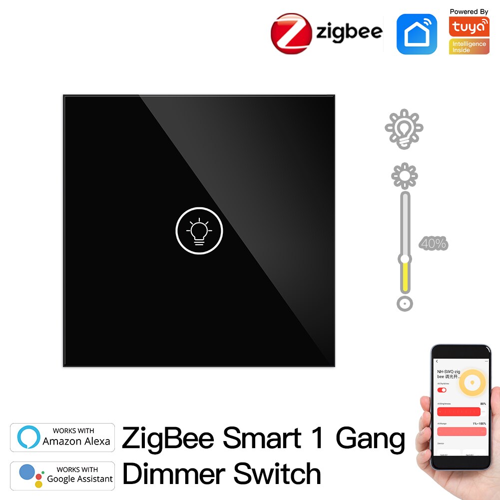 Smart ZigBee Multi-gang Light Dimmer Switch Independent Control Smart Tuya APP Control Works with Alexa Google Home 1/2/3 Gang: EU 1 Gang Black