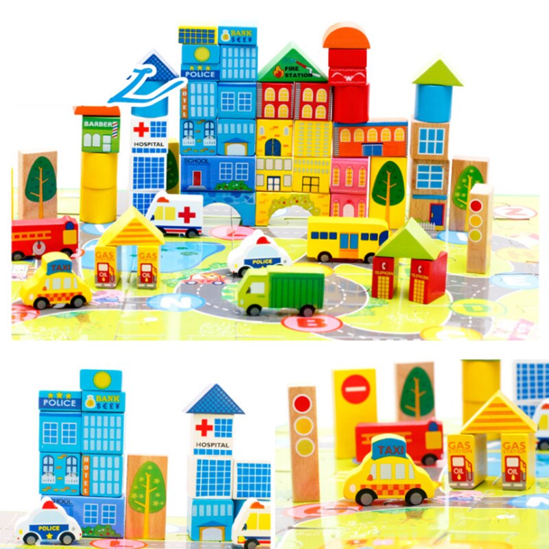 62Pcs Kinderen Houten Blokken Stedelijke Verkeer Assembleren Baby Speelgoed Vroege Onderwijs En Intellectuele Ontwikkeling