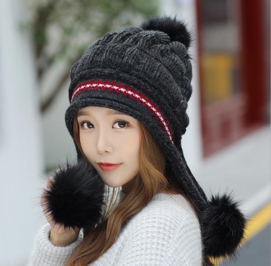 señoras gorro lana gorro Sanmao Bola de espalda al aire de punto sombrero de terciopelo grueso gorro tejido para abrigo niña Otoño e Invierno oreja protección