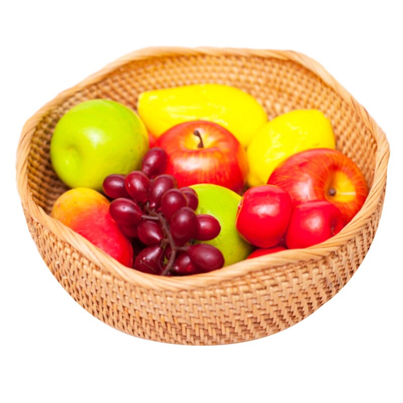 Handmade Rattan Round Fruit Basket Food Storage Bowls Kitchen Organizer Snack Serving Bowl (Large 11 inch)