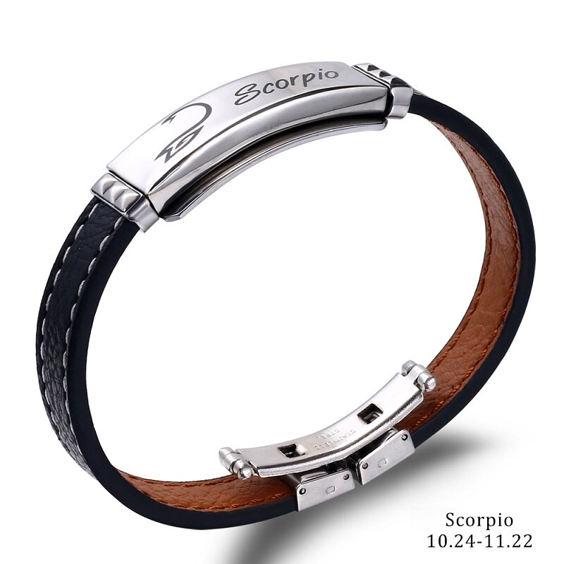 Pulsera de acero inoxidable con 12 Constelaciones para hombre, joyería de , Charm, cuero negro, signos del zodiaco informales, Punk,: Scorpio