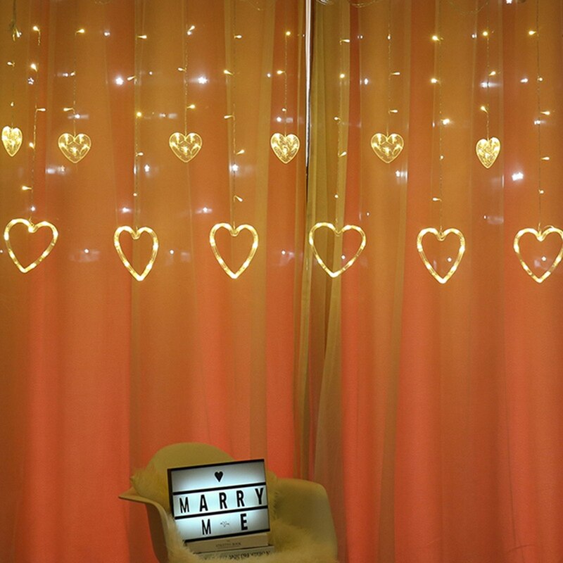Cortina de luces LED con forma de corazón, tira de luces de 2,5 M impermeables para exteriores, dormitorio, en casa, decoración de boda, enchufe europeo, 12 Uds.