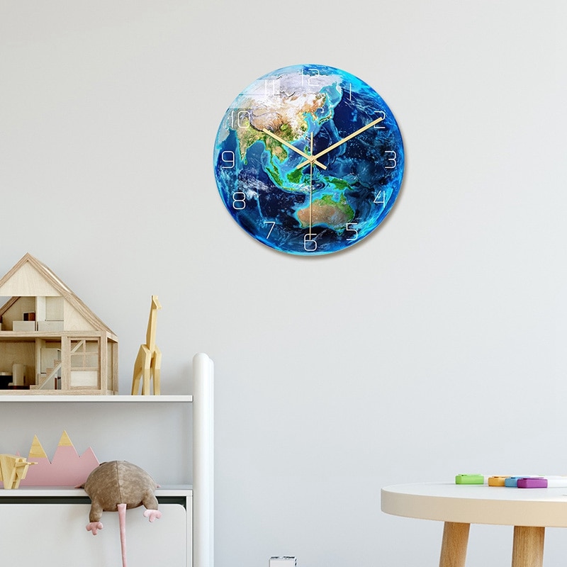 3D Acrylic Luminous Earth Wall Clock Planet Print Clock Study Room Bedroom Living Room Decoration for Kids Baby Room