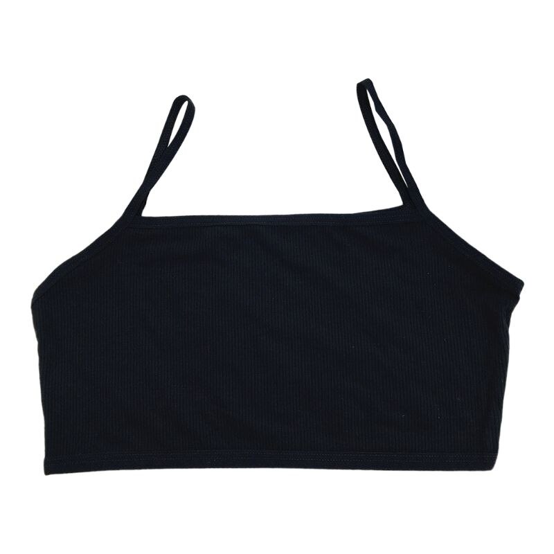 KLV School Student Girls Tanks Sport Training Bra Spaghetti Strap Bandeau Cami Crop Top Single Layer Ribbed Underwear 8 Colors: Black