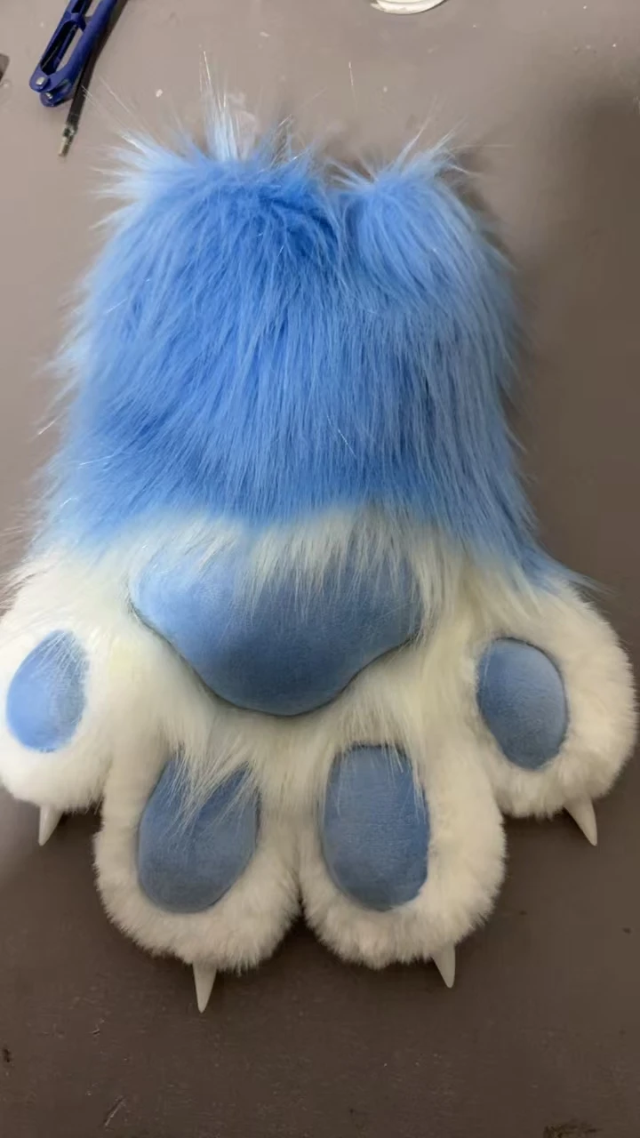 Furry Paws Gloves Fursuit Cosplay Kigurumi Cat Squawk Cartoon Plush Animal Nail Claws Full Finger Mittens Story Tell Original: Blue