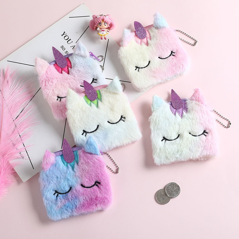 Cartoon Plush Unicorn Coin Purse Cute Cat Fur Circle Wallet Girl Clutch Embroidered Bag Key Earphone Organizer Pouch Kids