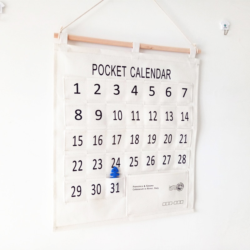 Bakingchef väggdörr vit kalender hängpåse bomull linne alfanumeriskt datum kuvertficka hemmakontor skiva dekortillbehör