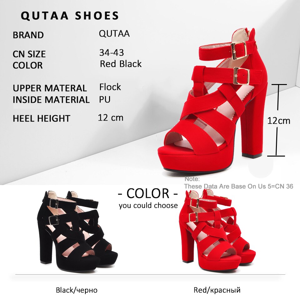 Qutaa dam sandaler fyrkantig superhög klack peep toe scrub dubbelspänne gladiator sexiga damer pumps plattform 3.5cm storlek 34-43