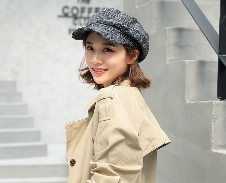 Casquete de tela a cuadros para mujer, gorra octogonal de otoño e invierno, sombrero de pintura de estilo Vintage, gorro de calle, gorra de vendedor de periódico