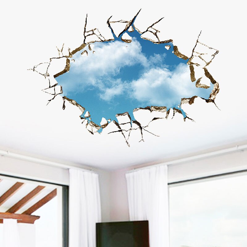 Brudt hul 3d blå himmel sky wallstickers stuer soveværelse dekoration decals landskab falske vinduer boligindretning klistermærker