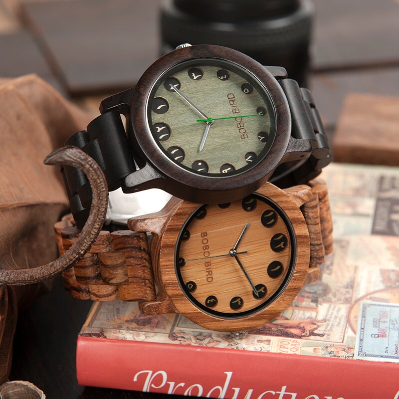 Bobo bird  wn24 n 25 houten horloge zabra ebbenhouten horloges voor heren, oosterse arabische cijfers wijzerplaat, horloge met gereedschap om de maat aan te passen