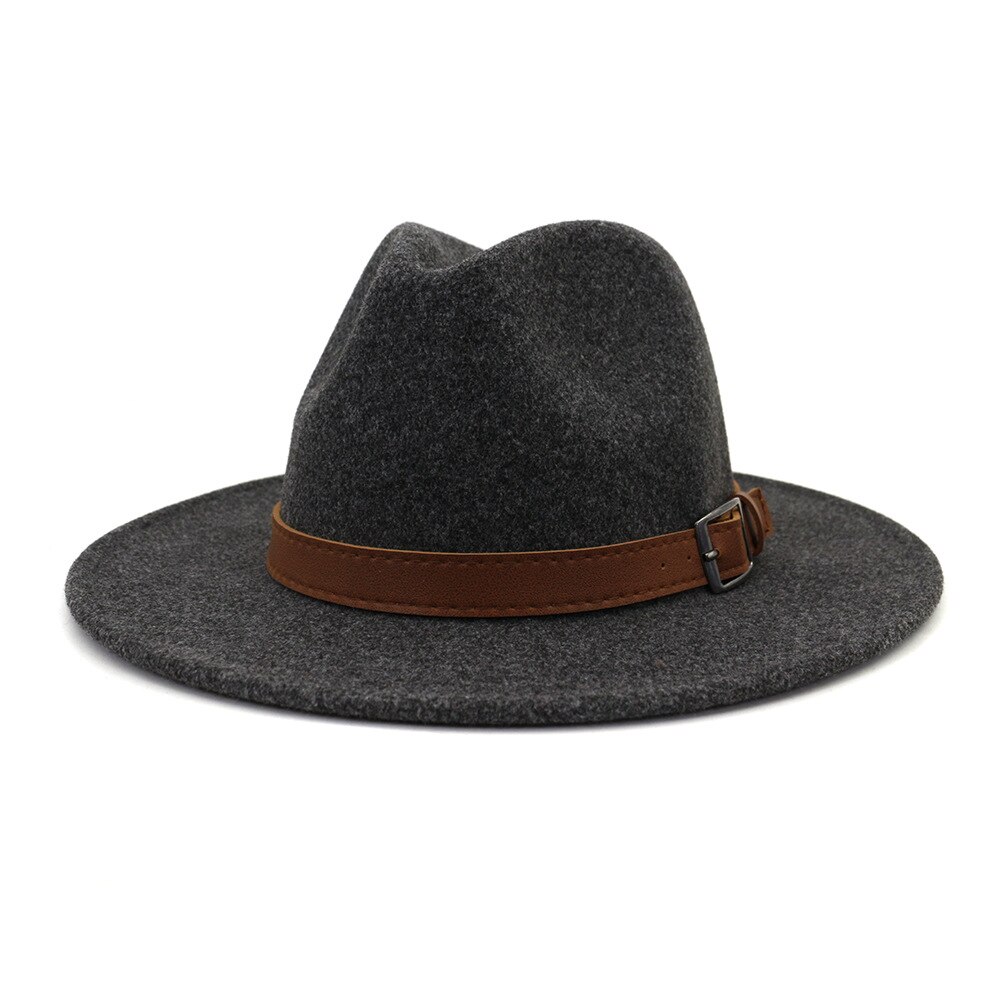 Sombrero Fedora de lana con lazo de cuero para hombre, gorra redonda americana y europea, color negro, para Otoño e Invierno: 2