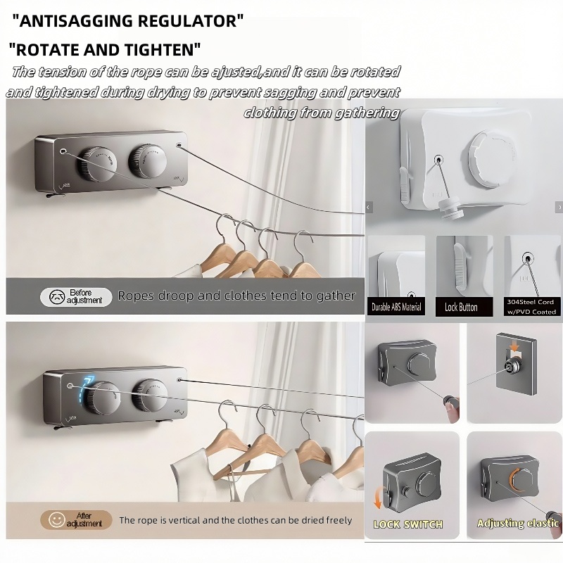 Sznurek na pranie zwijany 5,1 metra, robić użytku wewnątrz i na zewnątrz, ze stali nierdzewnej, wytrzymały, oszczędzający miejsce, idealny robić domu, na balkon lub patio.