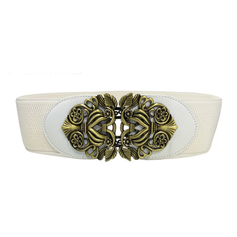 21 types Women Elastic Wide Belt Thick Vintage Totem Print Stretch Leather Waist Belt For Dress Corset Cinch Waistband Z30: Lvory Bronze
