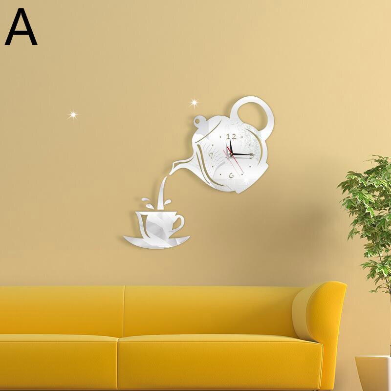 Home Premium Wall Clock Mirror Effect Coffee Cup Shape Decorative Kitchen Wall Clocks Living Room Home Decor: A